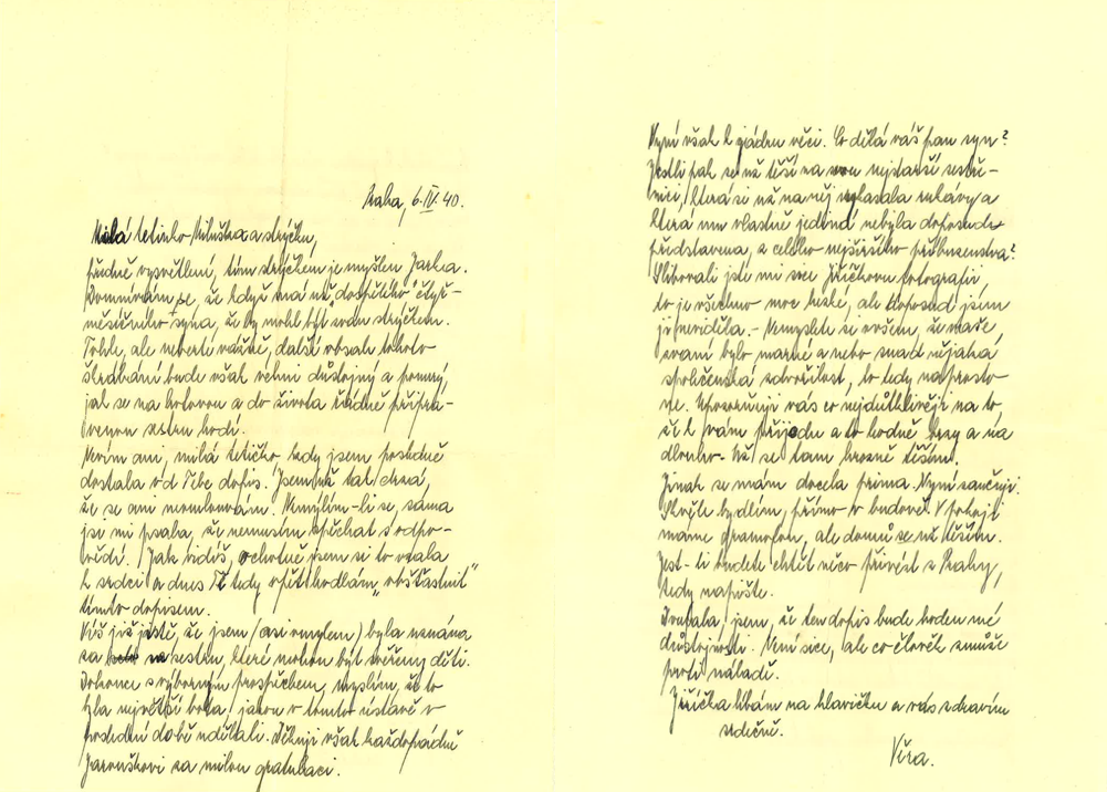 Dopis Věry Ledererové ze 6. dubna 1940