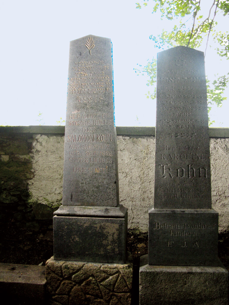 Babčice, židovský hřbitov, náhrobky rodiny Kohnovy s hebrejsko-německými nápisy (foto Iva Steinová)
