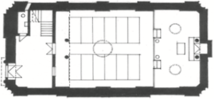 Plán přízemí synagogy v době jejího užívání k bohoslužebným účelům (autor Jaroslav Klenovský)